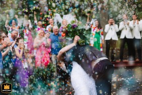 At Virginia's Stone Manor Boutique Inn, the bride and groom exit under a thick, joyous monsoon of bubbles released by guests, completely enveloping them in soapiness.